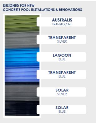 Aquaroll polycarbonate slat colour chart showing Australis Translucent, Transparent Silver, Lagoon Blue, Transparent Blue, Solar Silver and Solar Blue